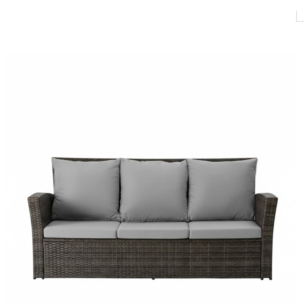 Outdoor Sofa PE Rattan 3 Seat Gray Cushions Black Iron Frame 68in