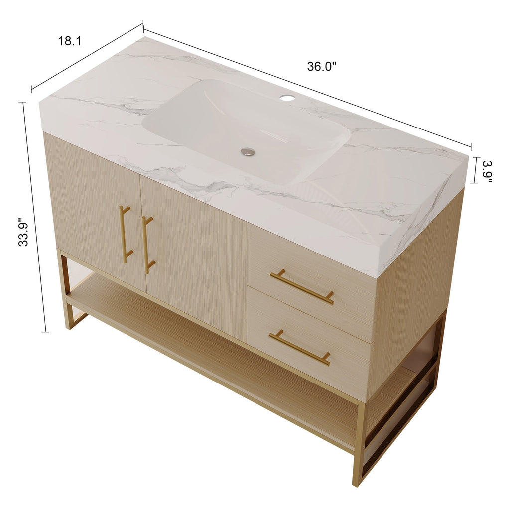 36' Modern Free-Standing Bathroom Vanity with Seamless Ceramic Sink & Sintere...