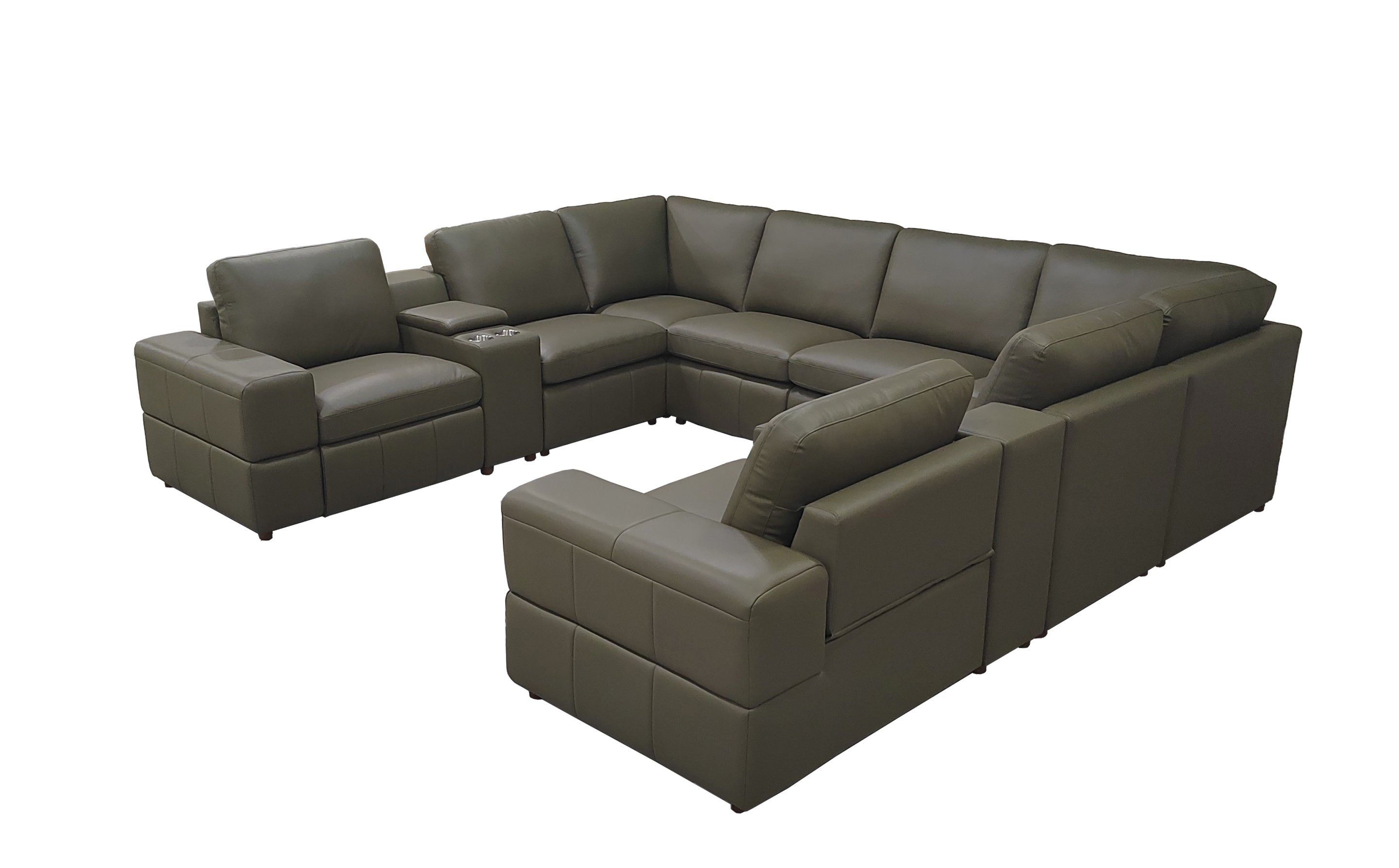 Sectional Sofa Modular Leather Match Olive 8 Seat 2 Recliners 128 In