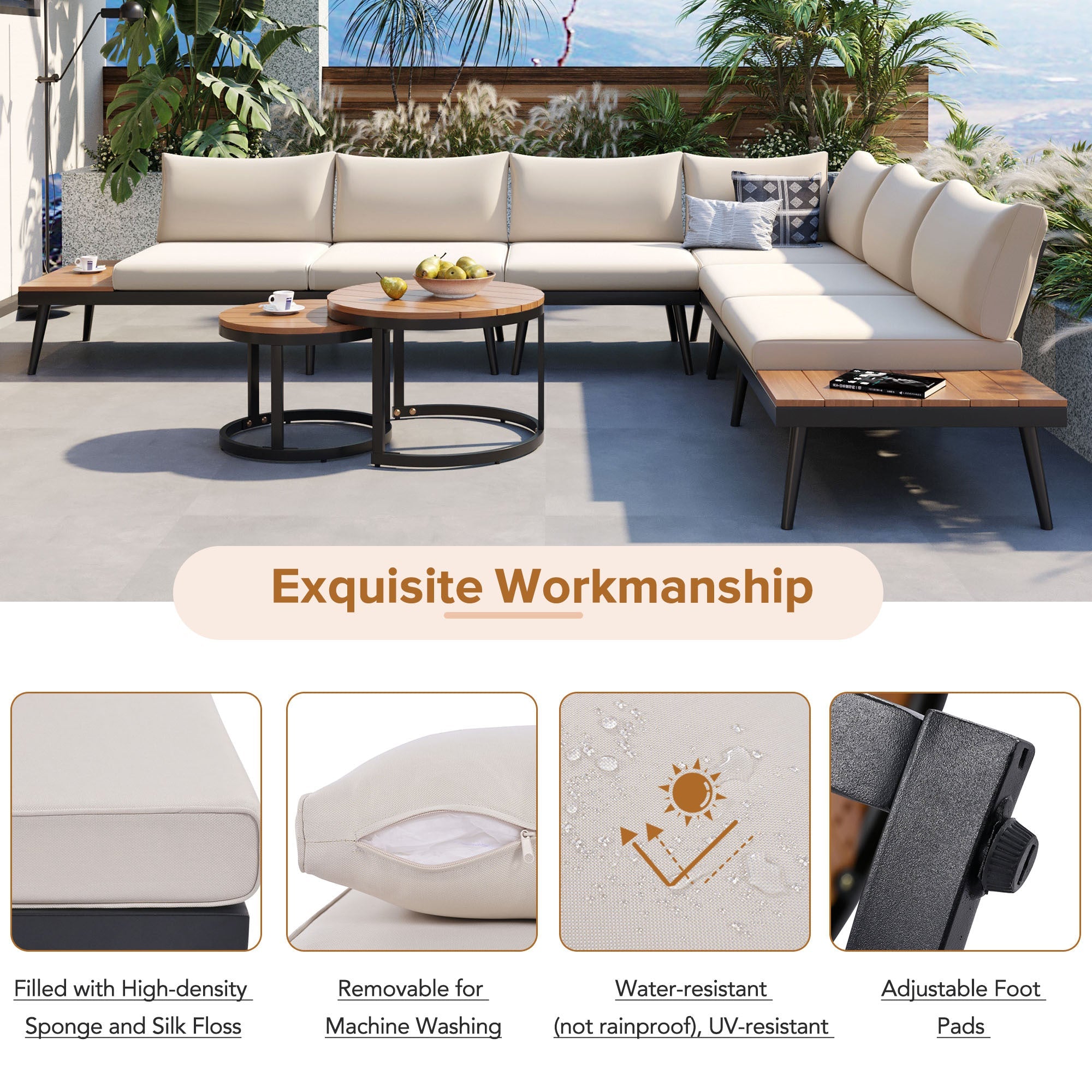 Outdoor Sectional Set Acacia Wood Steel Beige Cushion 6 Piece Seats 5