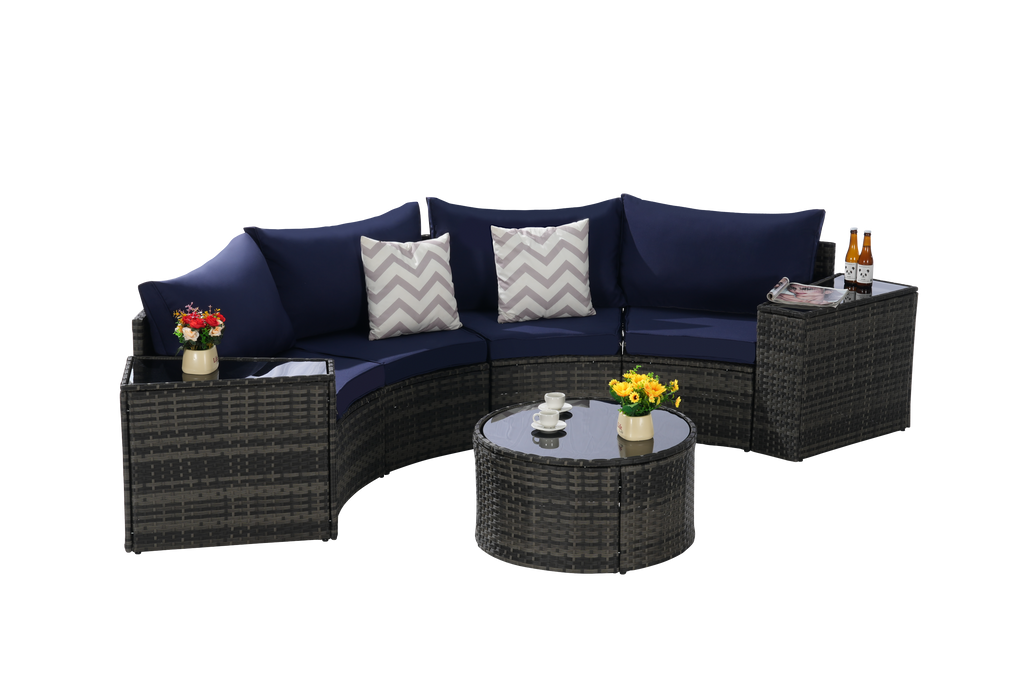 Outdoor Sectional Set PE Rattan Steel Dark Blue Half Moon 7 Piece 380 LB