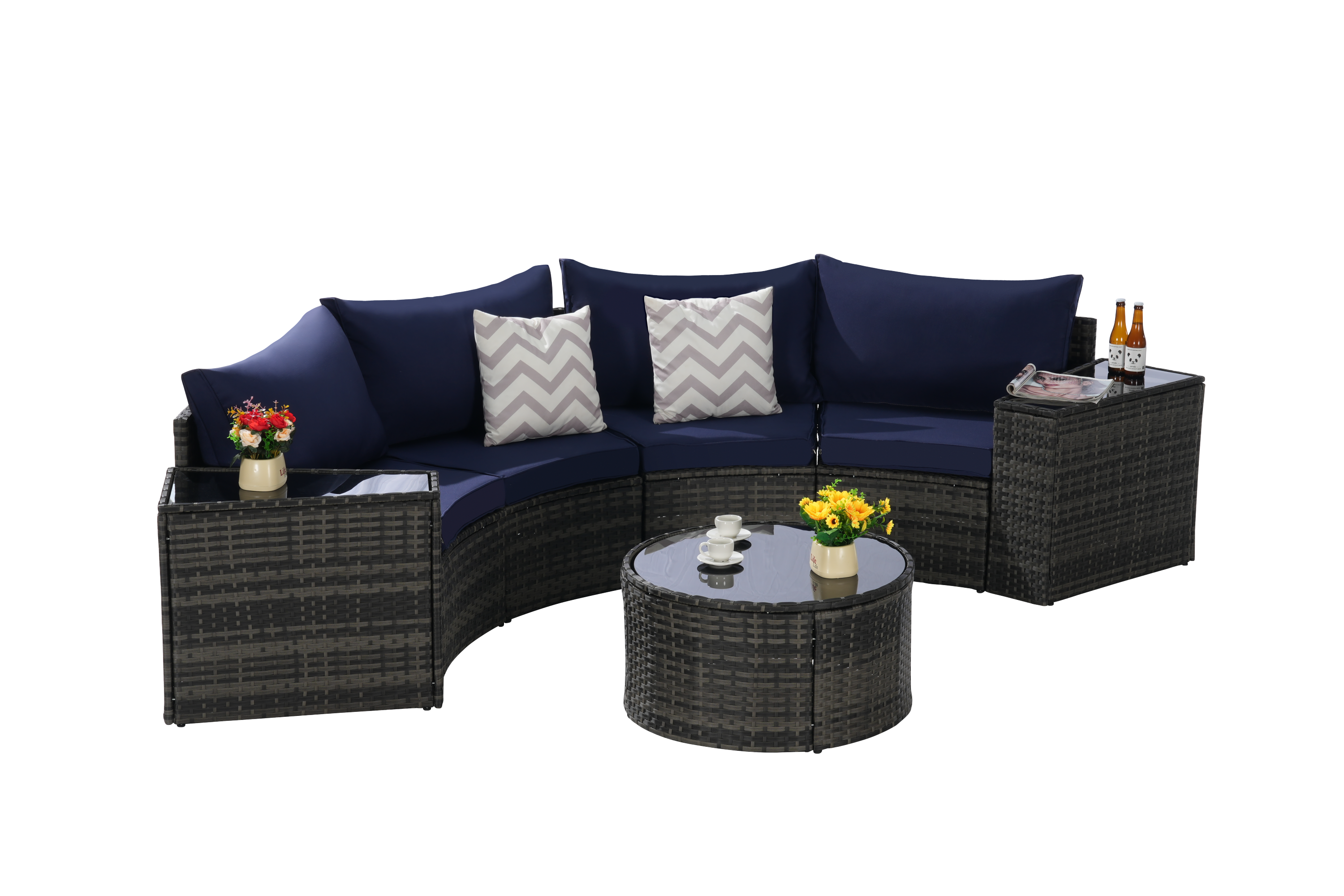 Outdoor Sectional Set PE Rattan Steel Dark Blue Half Moon 7 Piece 380 LB