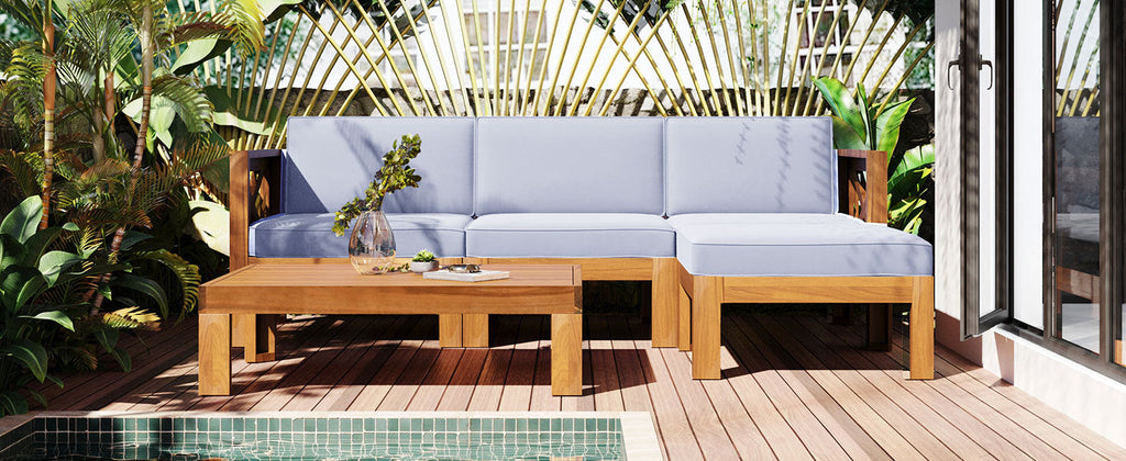 Outdoor Patio Sectional Set Acacia Wood Gray Cushions 5 Piece X-Back