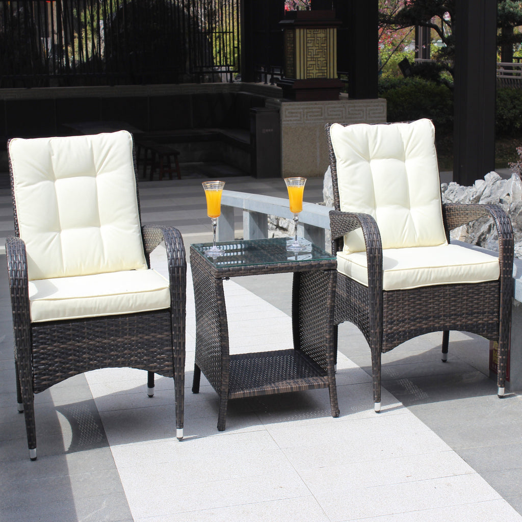 Outdoor Conversation Set PE Rattan Steel Brown Beige Cushion 3 Piece