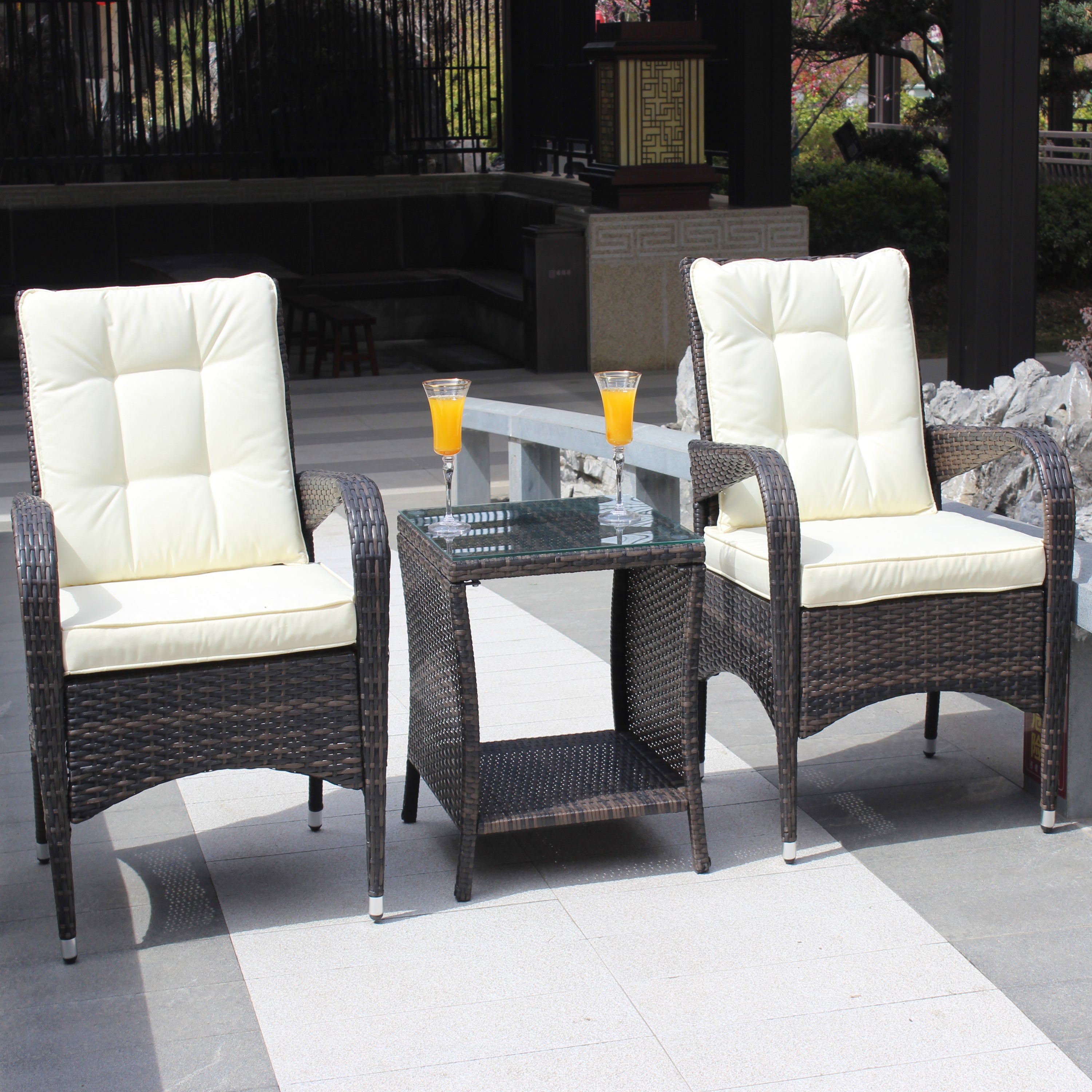 Outdoor Conversation Set PE Rattan Steel Brown Beige Cushion 3 Piece