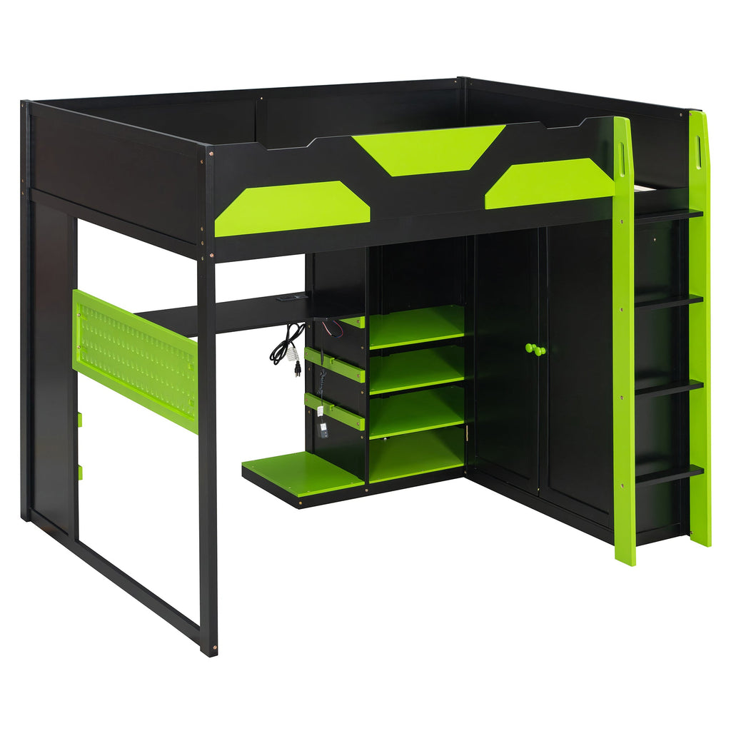 Full Size Wood Loft Bed with Desk, Multi-storage Shelves,USB and RGB Light,Green