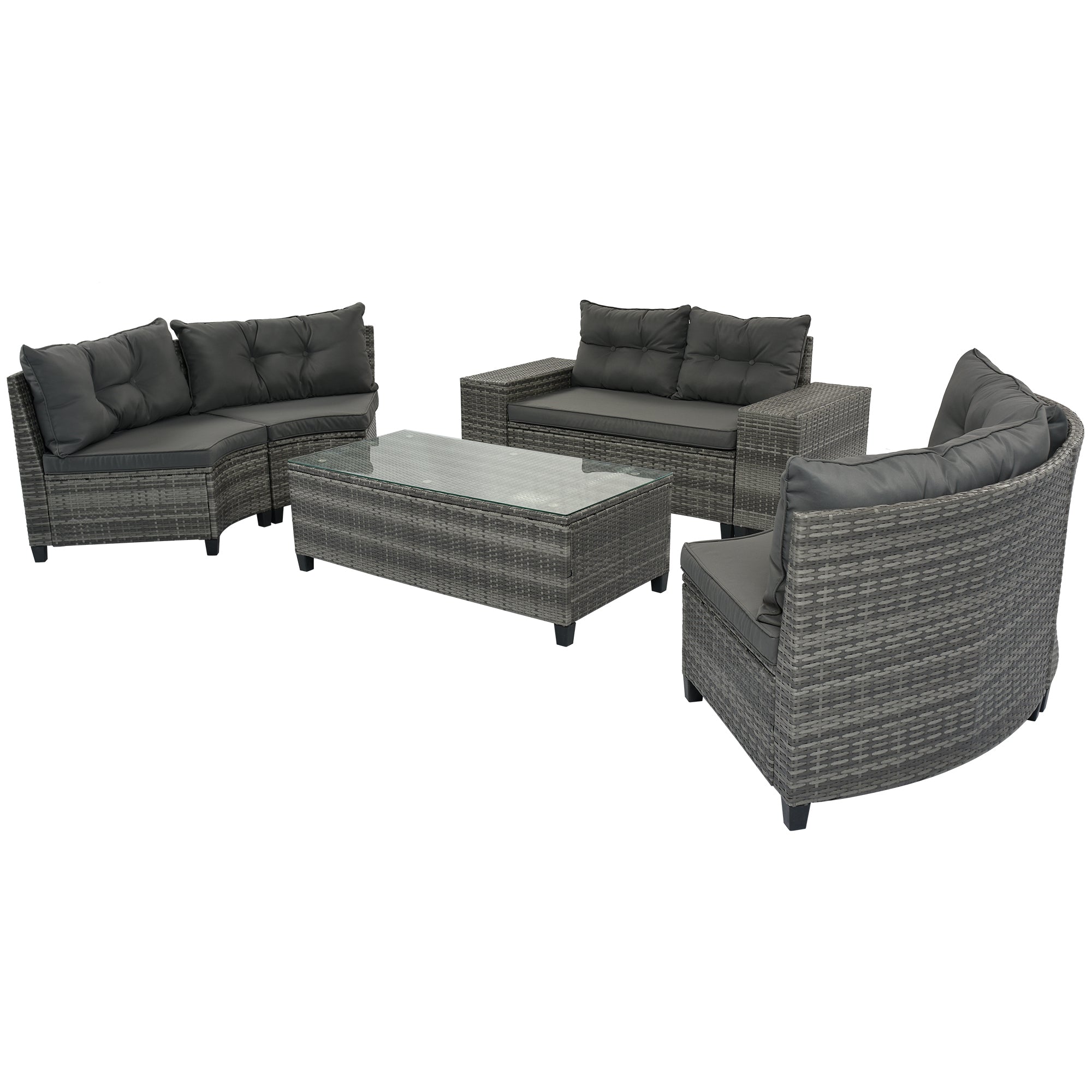 Outdoor Sectional Set PE Wicker Steel Gray Half Moon 8 Piece 250 LB