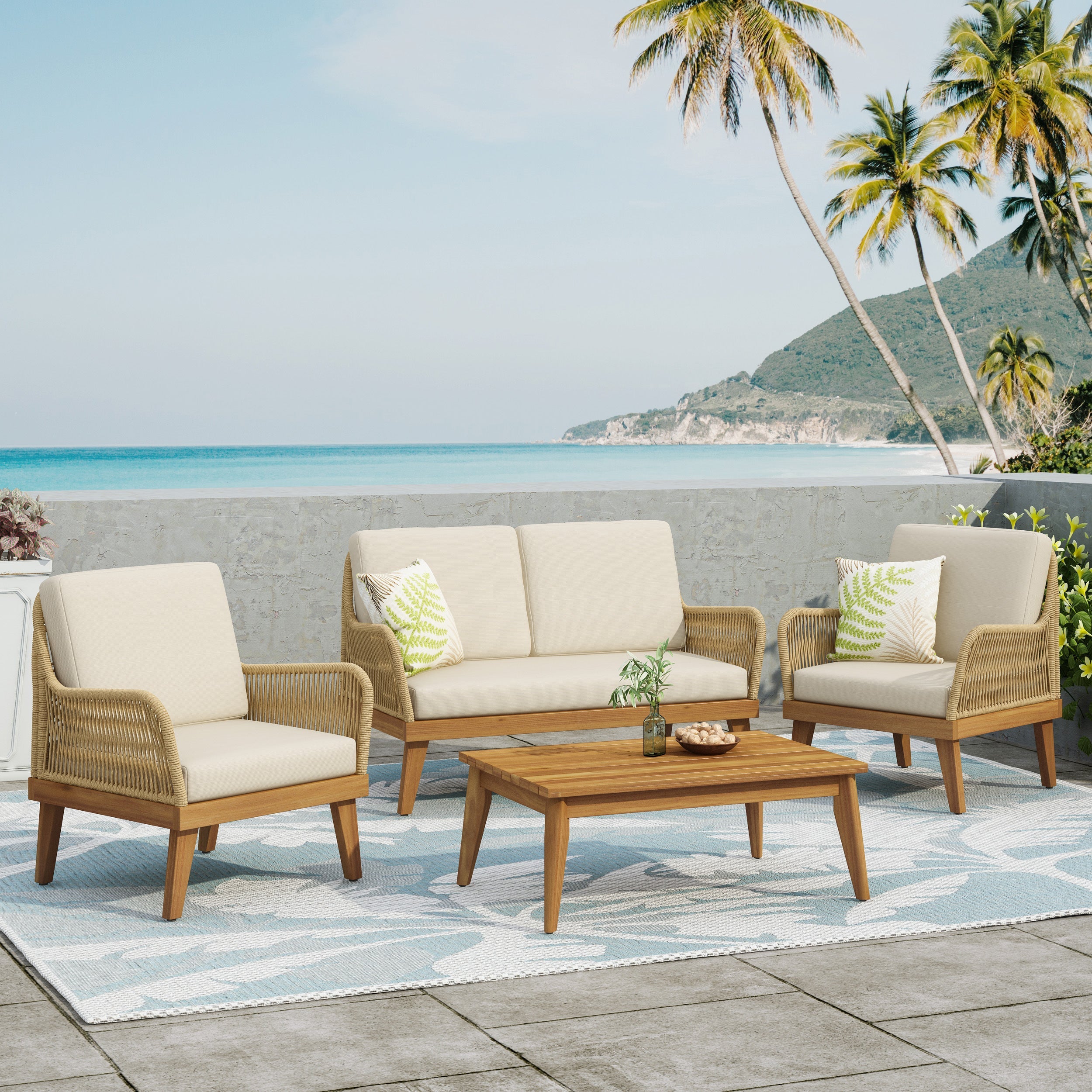 Outdoor Chat Set Acacia Wood Rope Teak Cushions 4 Piece Seats 4