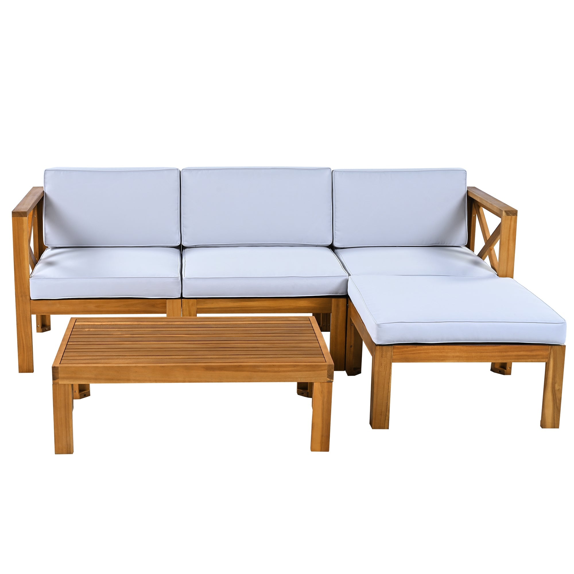 Outdoor Patio Sectional Set Acacia Wood Gray Cushions 5 Piece X-Back
