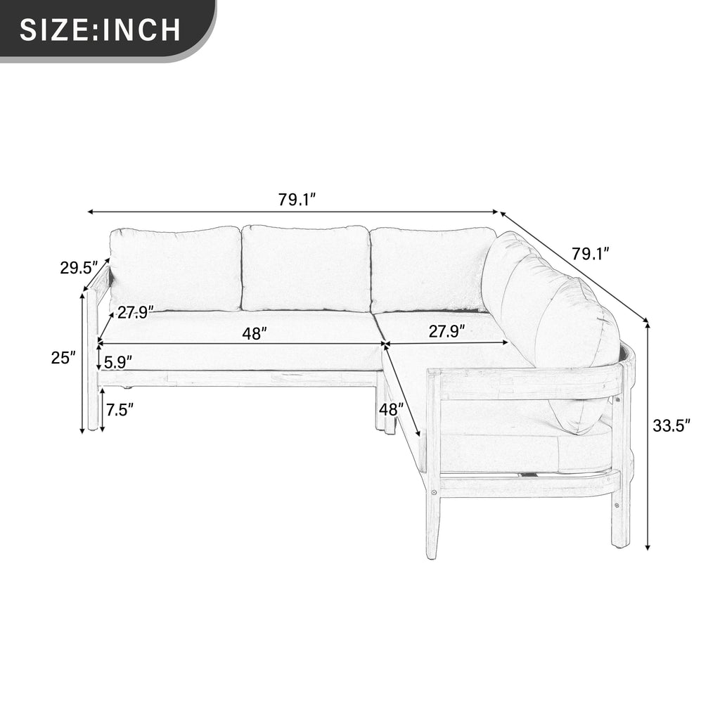 Outdoor Sofa Set Acacia Wood Arc Frame Blue Cushions L-Shape 6 Piece