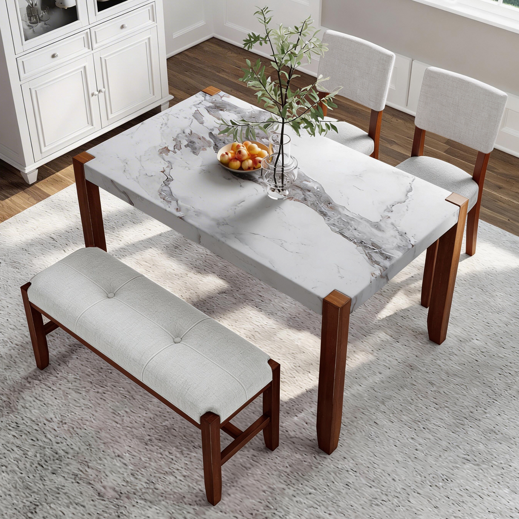4-Piece Dining Set, 1 Marble-Look Table with 2 Upholstered Chairs and 1 Bench