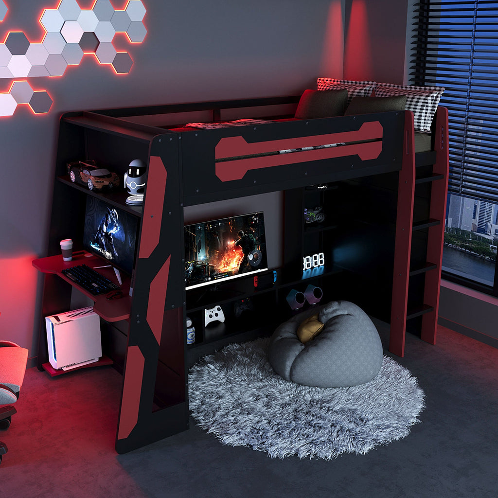 Twin Size Wood Loft Bed with Desk, Multi-storage Shelves and RGB Light, Red