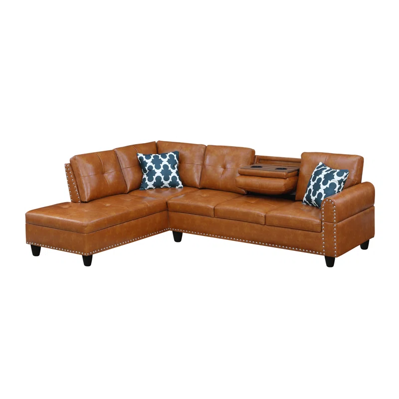 Sectional Sofa L-Shape Faux Leather Ginger 3 Seat Tufted Nailhead