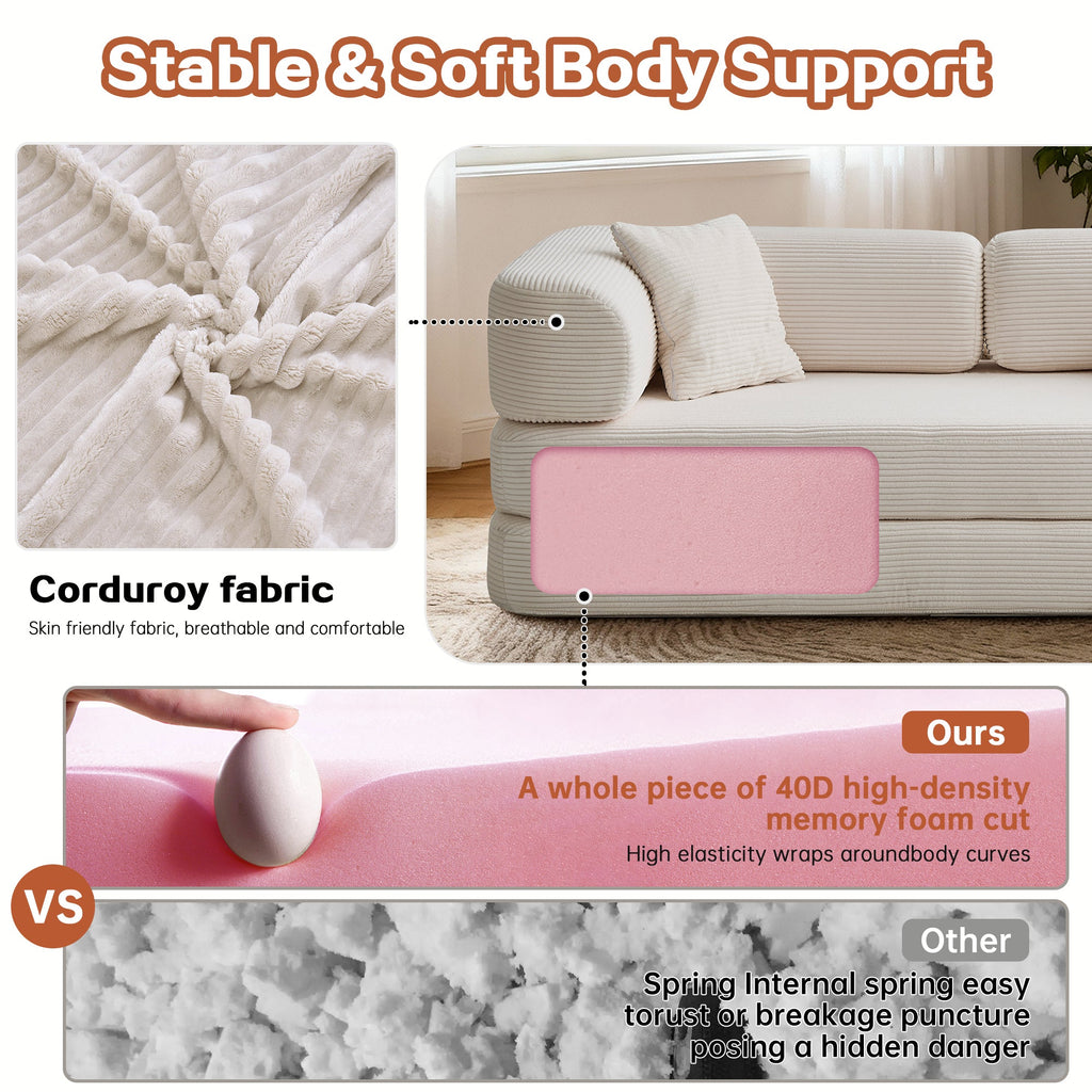 Sofa Floor Low Profile 5-in-1 Corduroy Cream Sleeper with Blanket 74.8 In