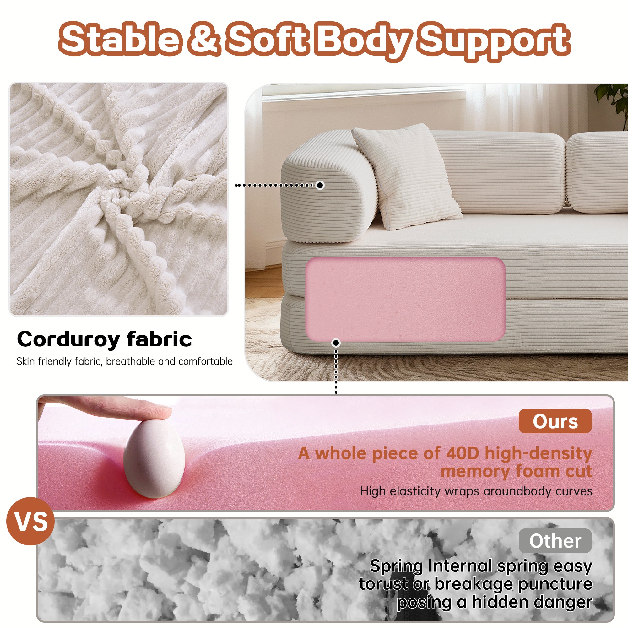 Sofa Floor Low Profile 5-in-1 Corduroy Cream Sleeper with Blanket 74.8 In