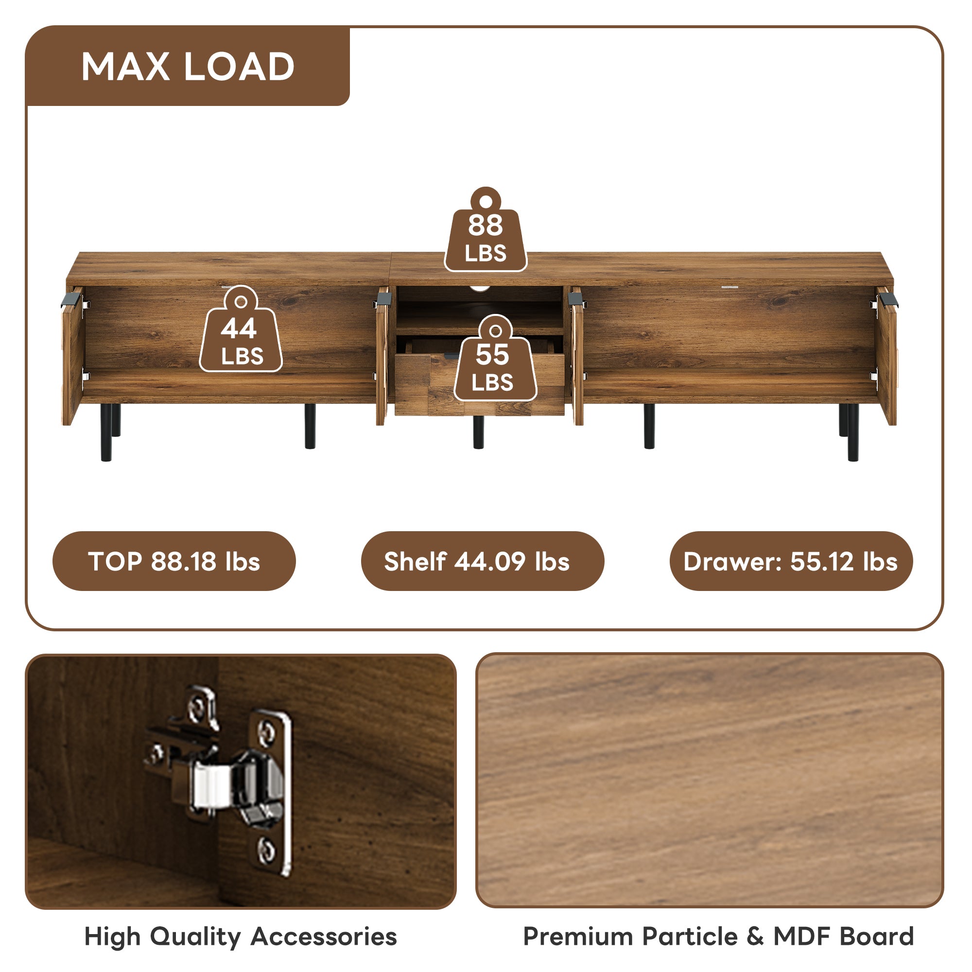 TV Stand Natural Wood Checkered MDF Soft-Close Doors Fits 85 In TV 78.7 In