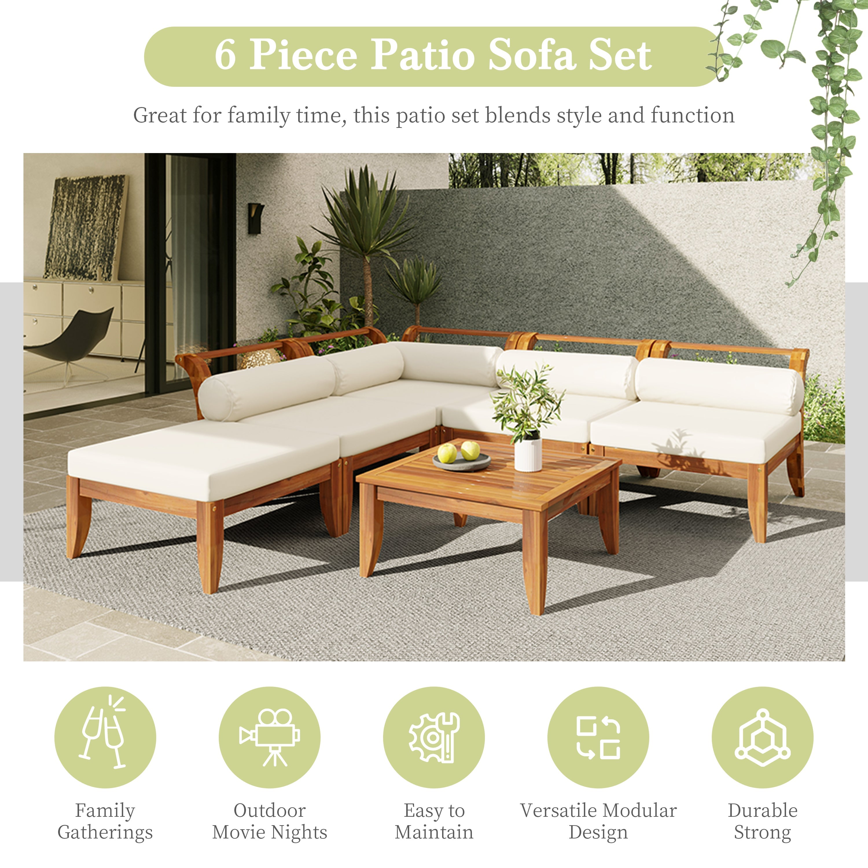 Outdoor Patio Set L-Shape Acacia Wood Teak Beige Cushions 6 Piece