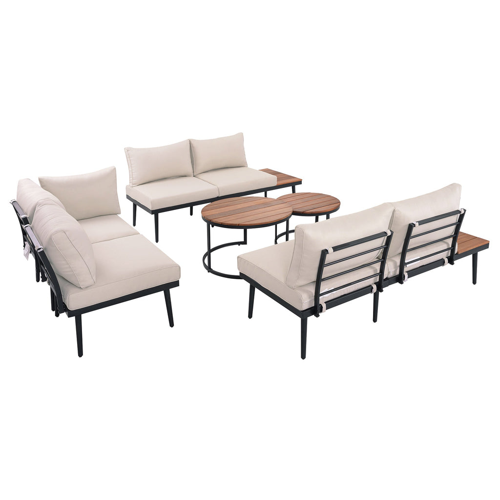 Outdoor Sectional Set Acacia Wood Steel Beige Cushion 6 Piece Seats 5