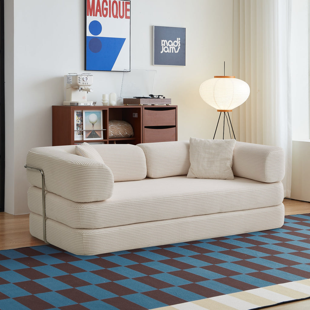 Sofa Floor Low Profile 5-in-1 Corduroy Cream Sleeper with Blanket 74.8 In