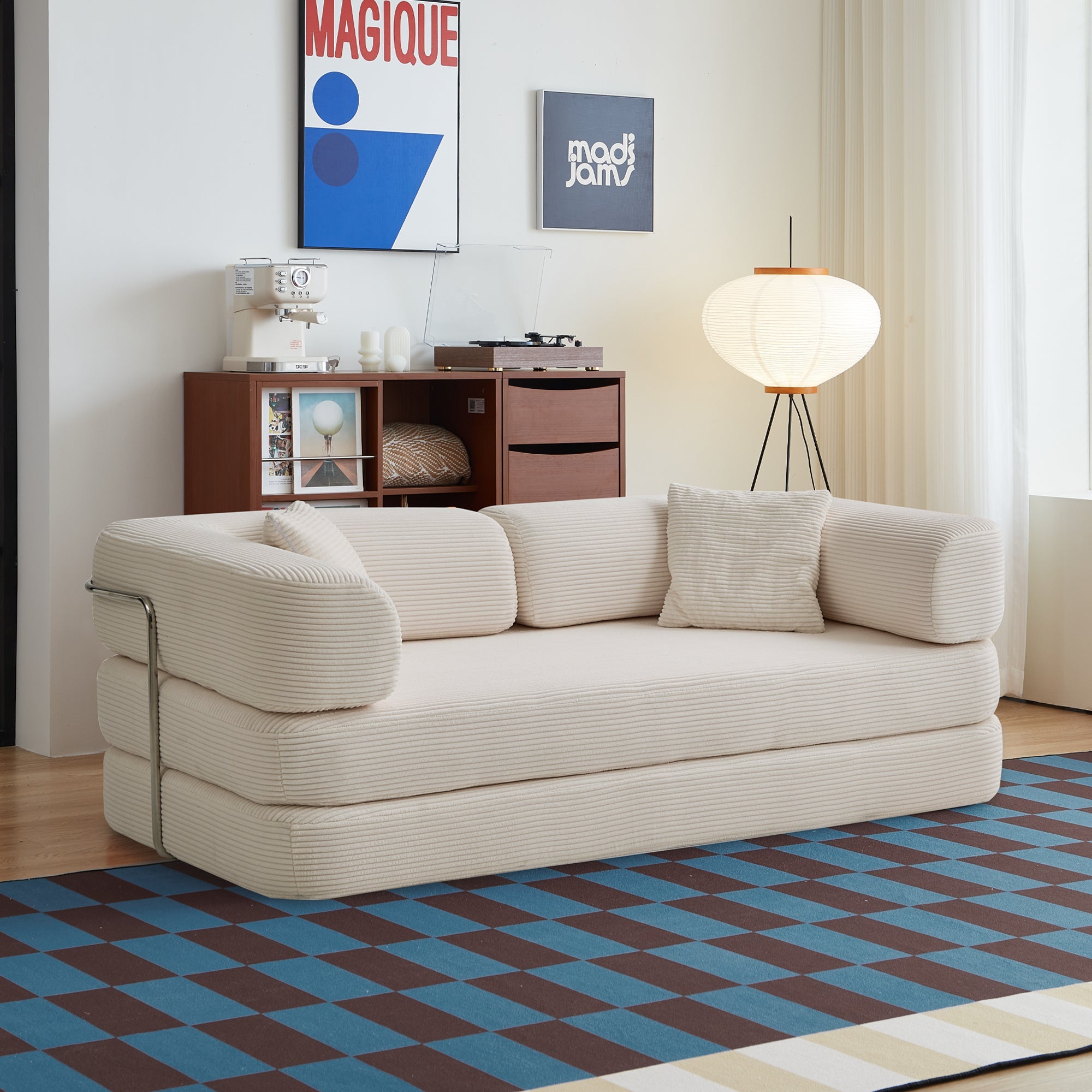 Sofa Floor Low Profile 5-in-1 Corduroy Cream Sleeper with Blanket 74.8 In