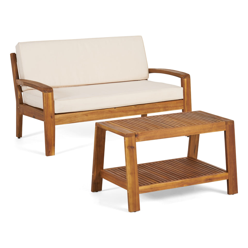 Outdoor Conversation Set Acacia Wood Teak Beige Cushion 2 Piece
