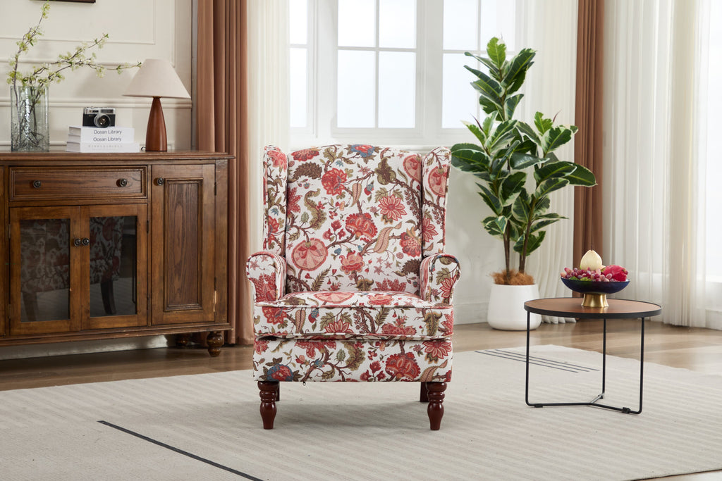 Accent Chair Wingback Linen Floral Red Pine Legs 28x30x38 In
