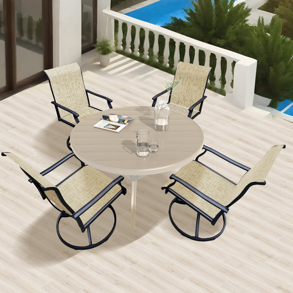 Outdoor Dining Set Round Table Umbrella Hole 4 Swivel Chairs Steel