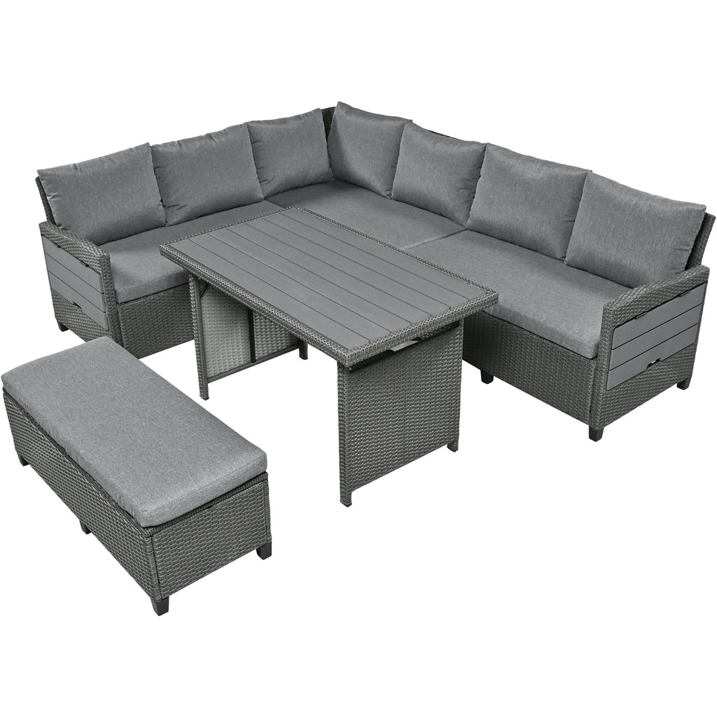 Outdoor Sectional Set PE Wicker Steel Gray 5 Piece L-Shape Seats 7
