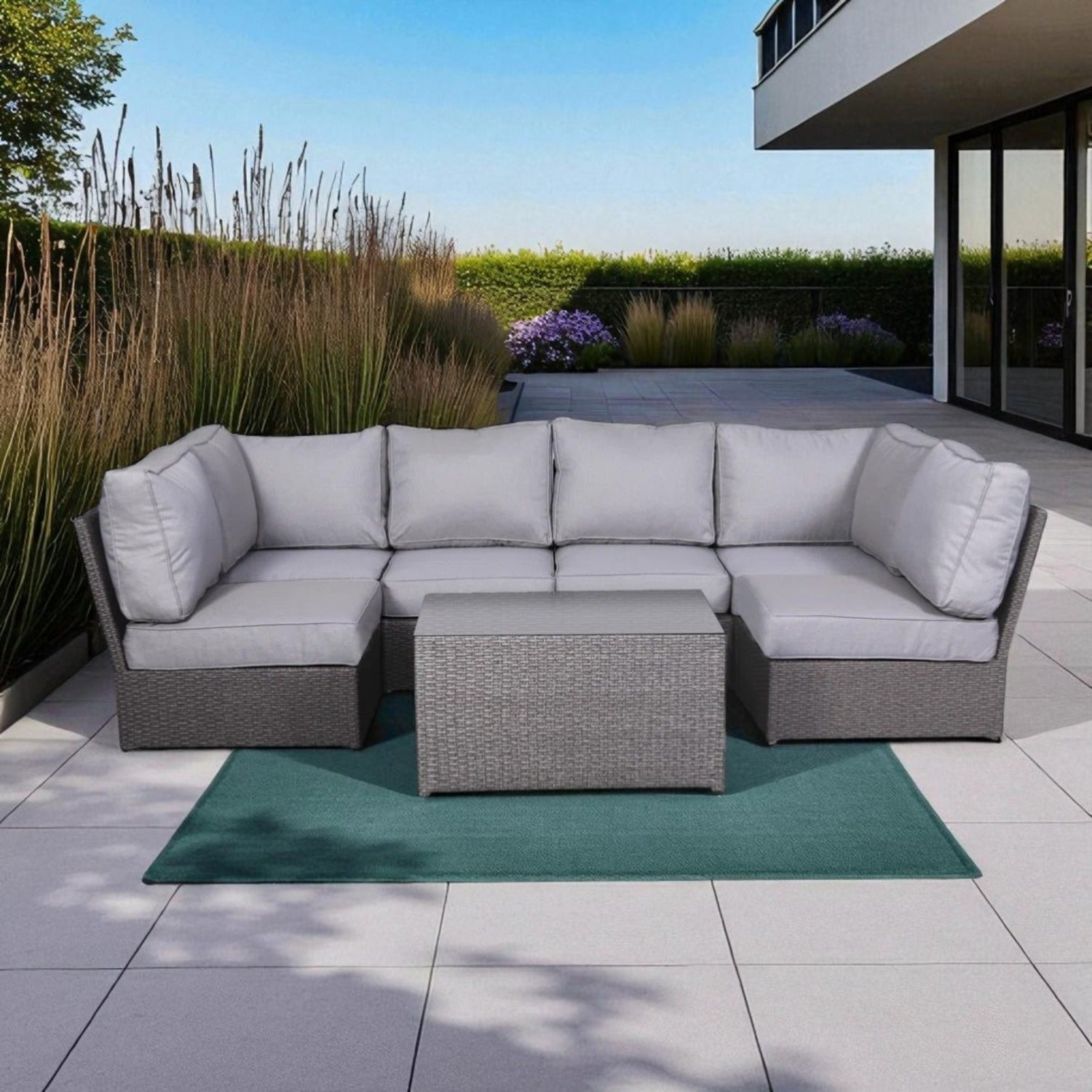 Outdoor Sectional Set HDPE Wicker Aluminum Gray Reversible 4 Person