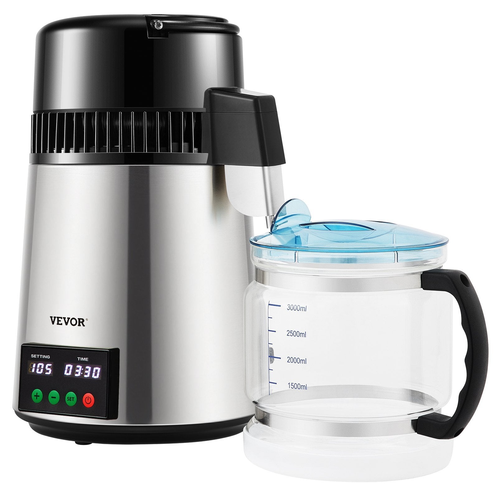 1.1 Gal Water Distiller, 0.3 Gal/H, 750W Distilled Water Maker Machine 0-99H Timing Set Temp Display, 304 Stainless Steel Countertop Distiller Glass Carafe Cleaning Powder 3 Carbon Packs, Silver