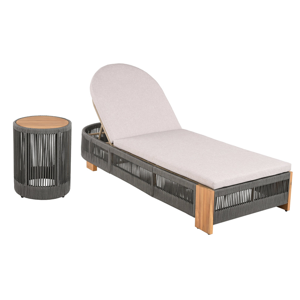 Chaise Lounge Acacia Wood Rope Teak Beige Set of 2 Adjustable Side Table
