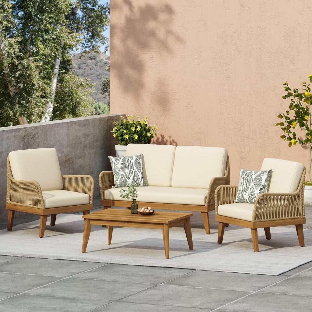 Outdoor Chat Set Acacia Wood Rope Teak Cushions 4 Piece Seats 4