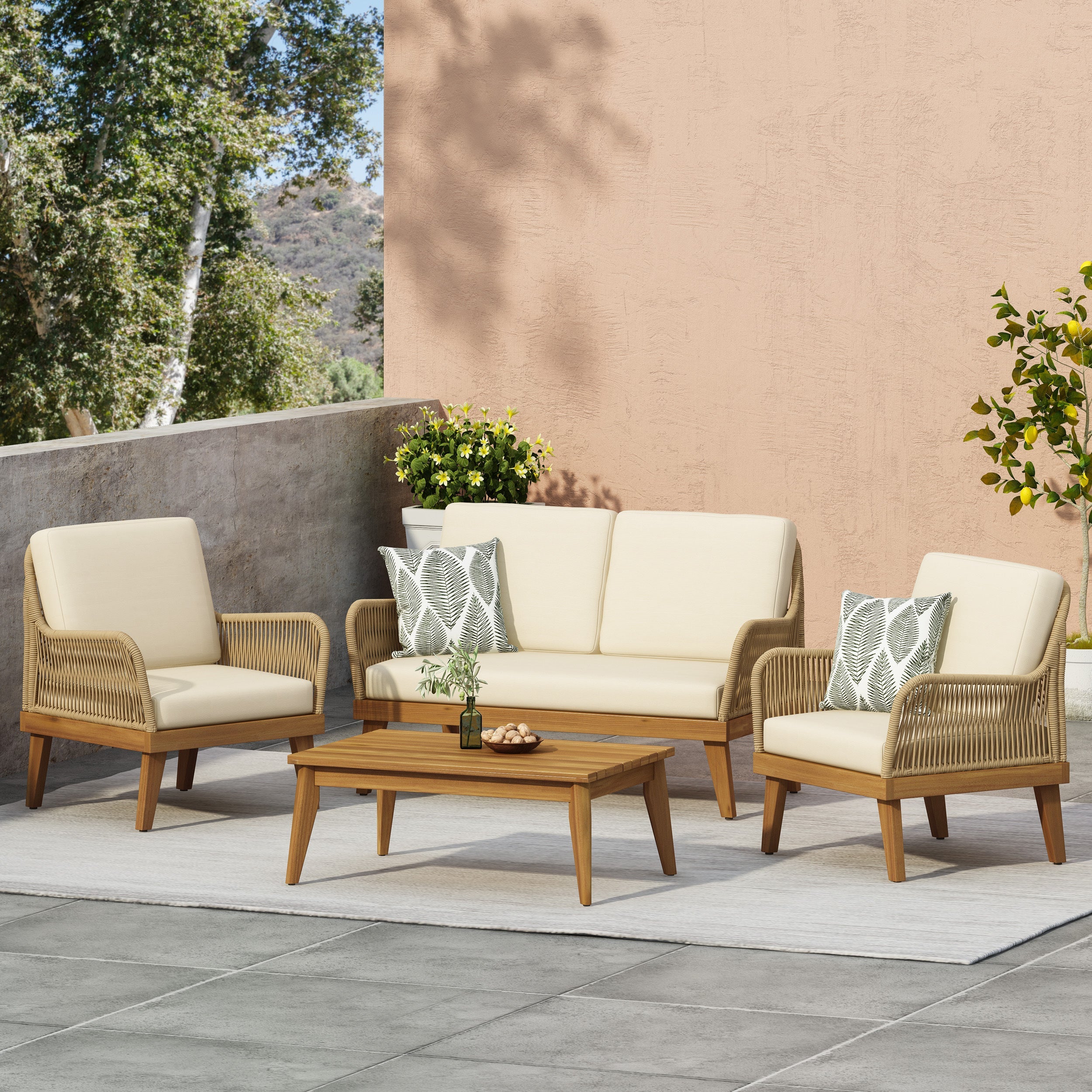 Outdoor Chat Set Acacia Wood Rope Teak Cushions 4 Piece Seats 4