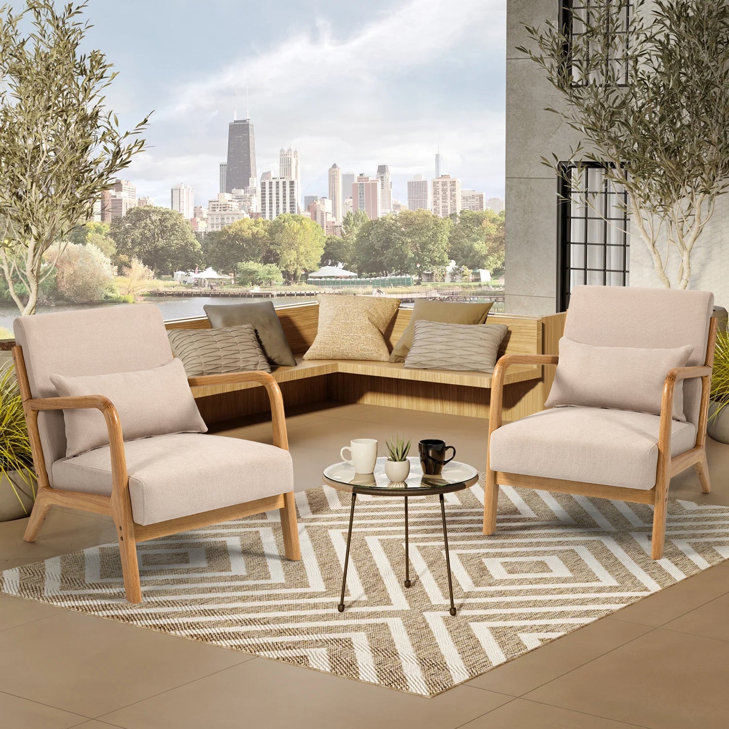 Accent Chair Mid-Century Linen Beige Solid Wood Arms and Legs 23x30x30 In