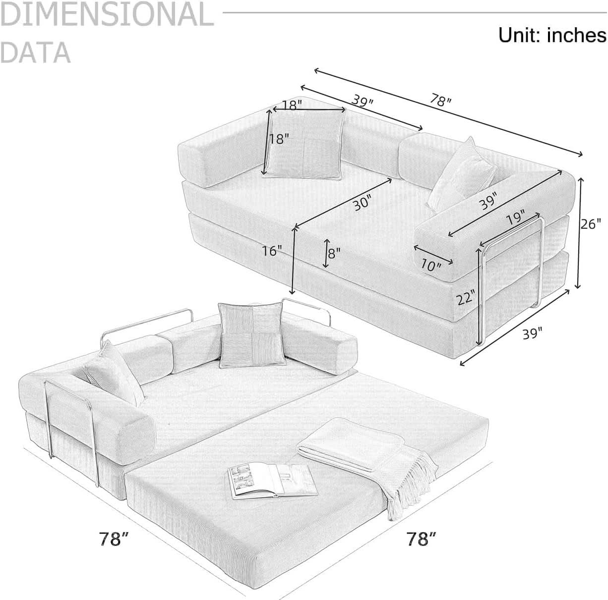 Corduroy 78Inch Multifunctional Convertible Sofa Bed Black