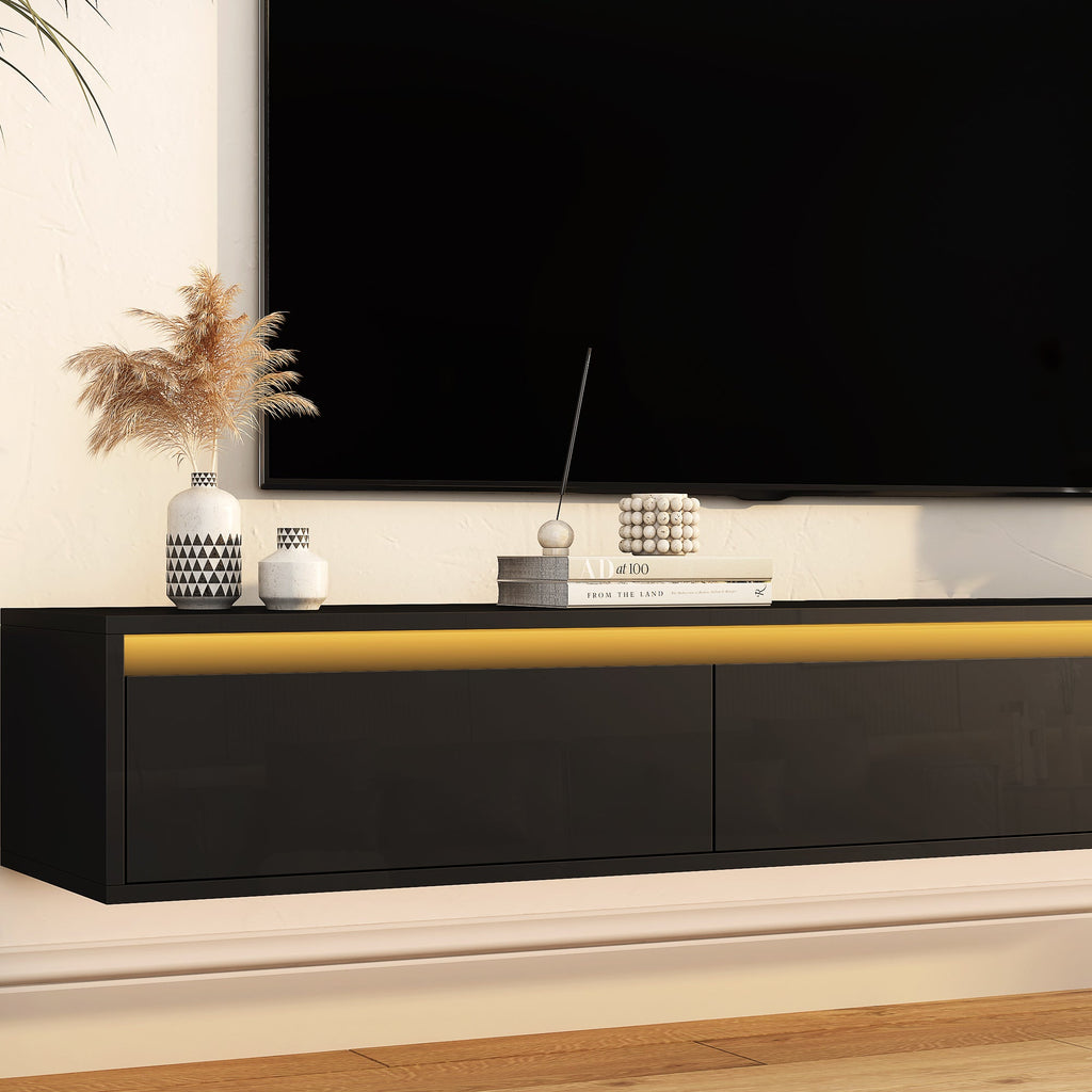TV Stand Wall-Mounted Floating LED Black MDF 3 AC 2 USB Fits 65 In TV