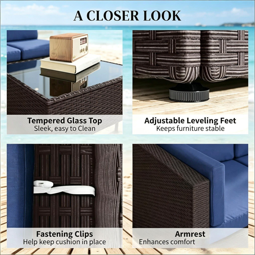 Outdoor Sectional Set PE Rattan Metal Dark Blue Black 7 Piece 264 LB