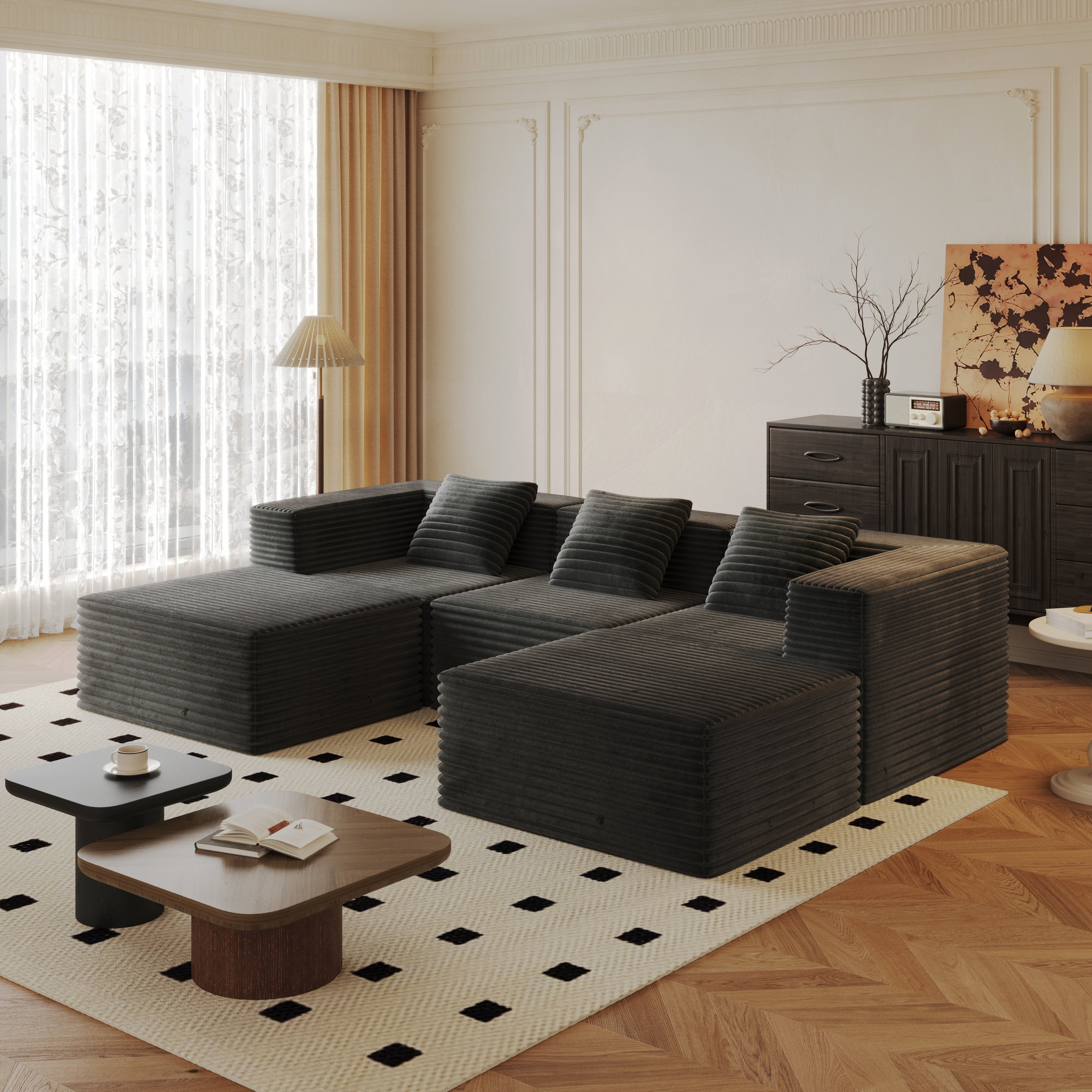 Sectional Sofa Modular Corduroy Gray 3 Seat 2 Ottomans 107 In No Assembly