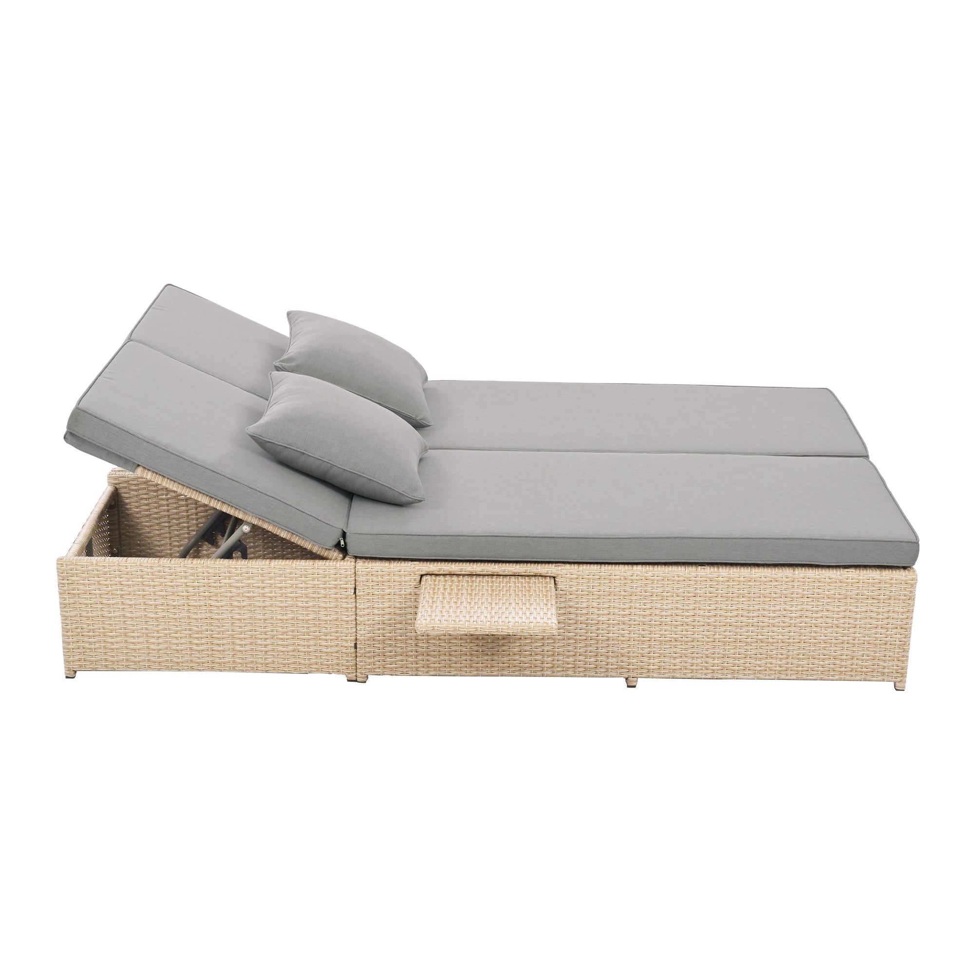 Outdoor Double Sunbed, Wicker Rattan Patio Reclining Chairs with Adjustable
