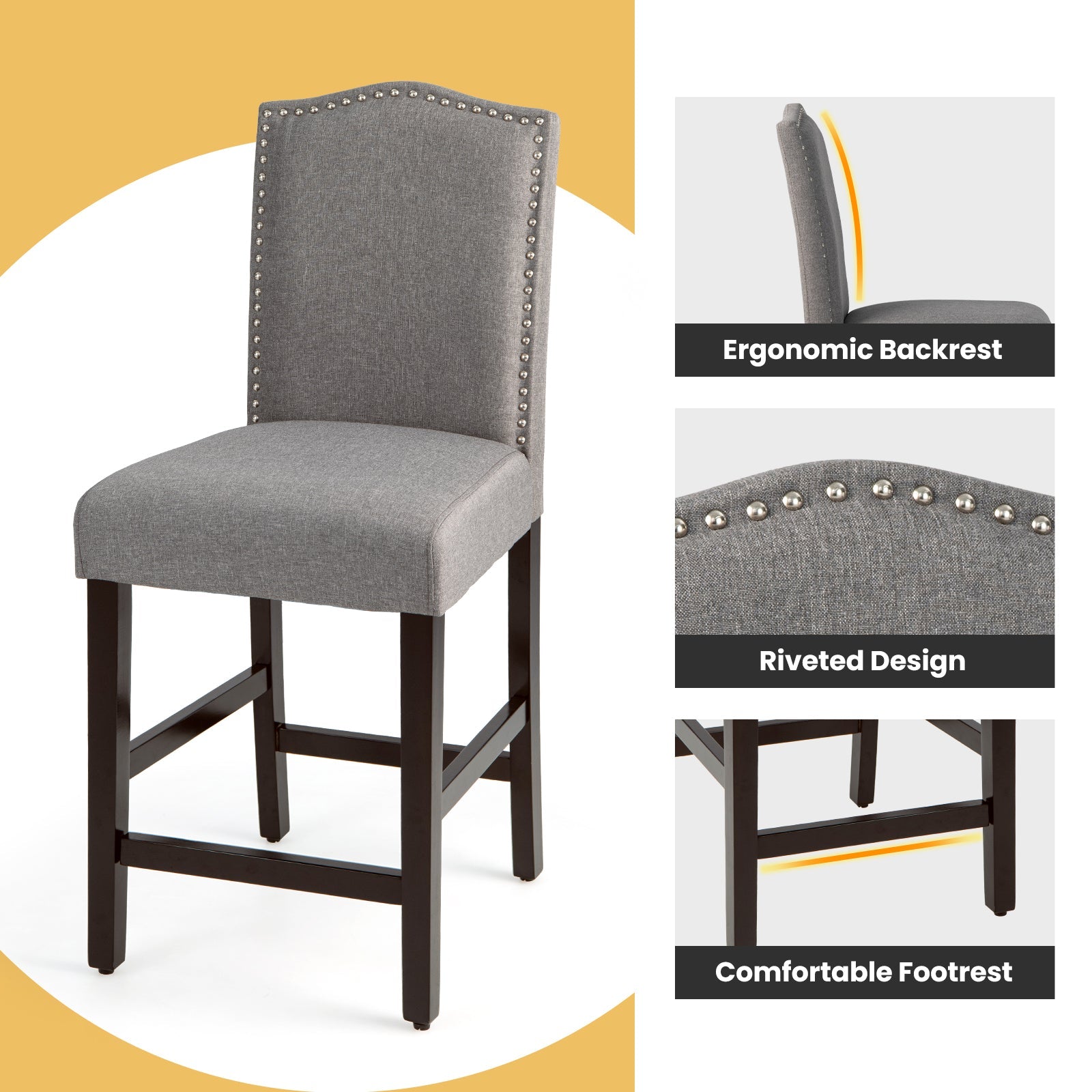 2 Pcs Fabric Nail Head Counter Height Dining Side Chairs Set