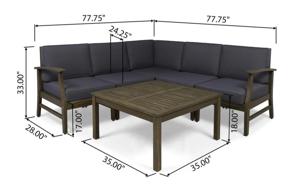 Outdoor Sectional Set Acacia Wood Dark Gray Cushion 6 Piece Seats 5