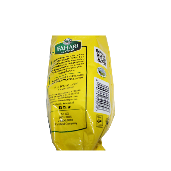 Back panel view of Fahari Ya Kenya Black Tea packaging with product details