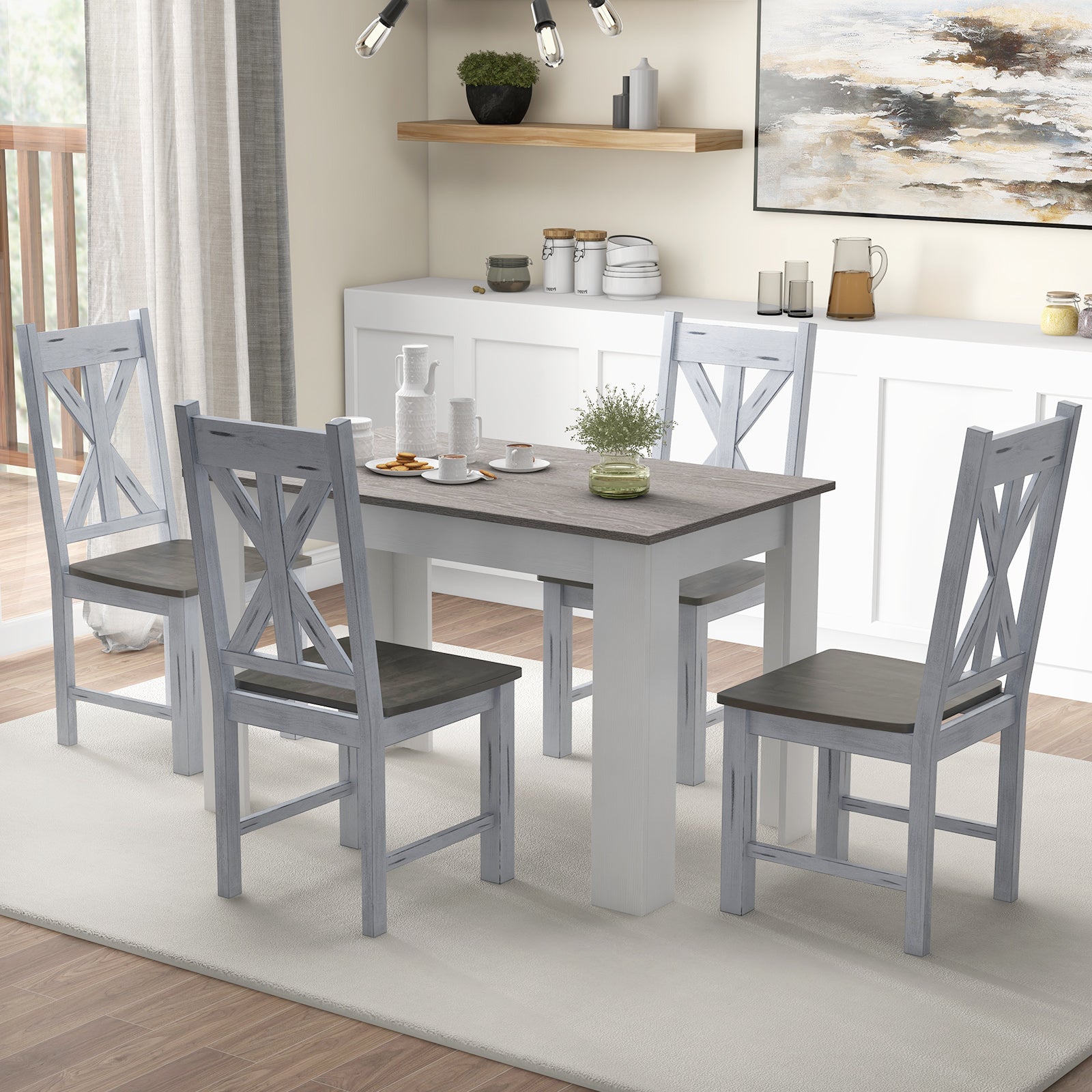 Farmhouse Chair Set of 2 with Rubber Wood Frame and Elegant Hollowed Backrest-Gray