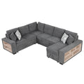 Sectional Sofa U-Shape Chenille Gray 5 Seat USB Ports Pull-Out 109 In