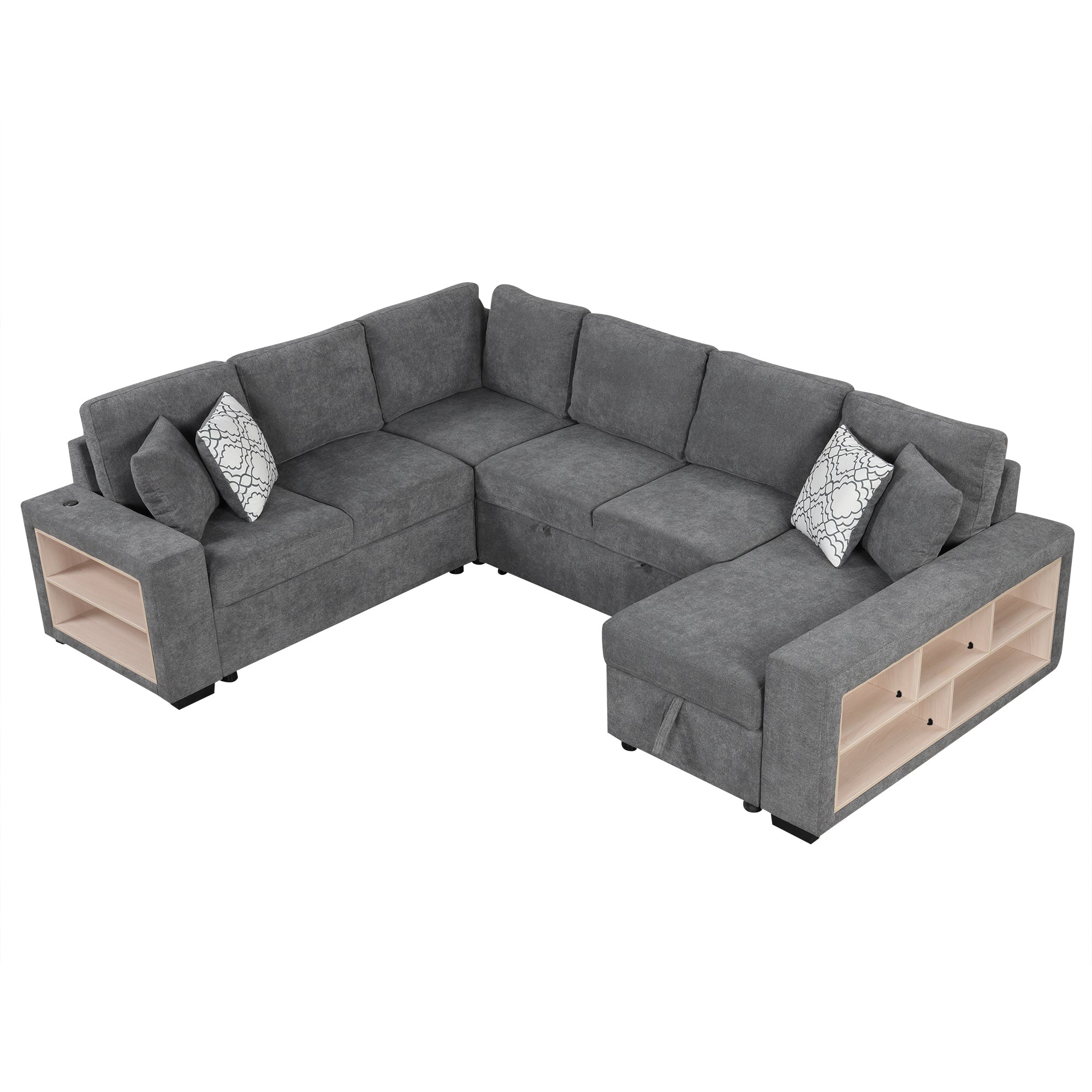 Sectional Sofa U-Shape Chenille Gray 5 Seat USB Ports Pull-Out 109 In