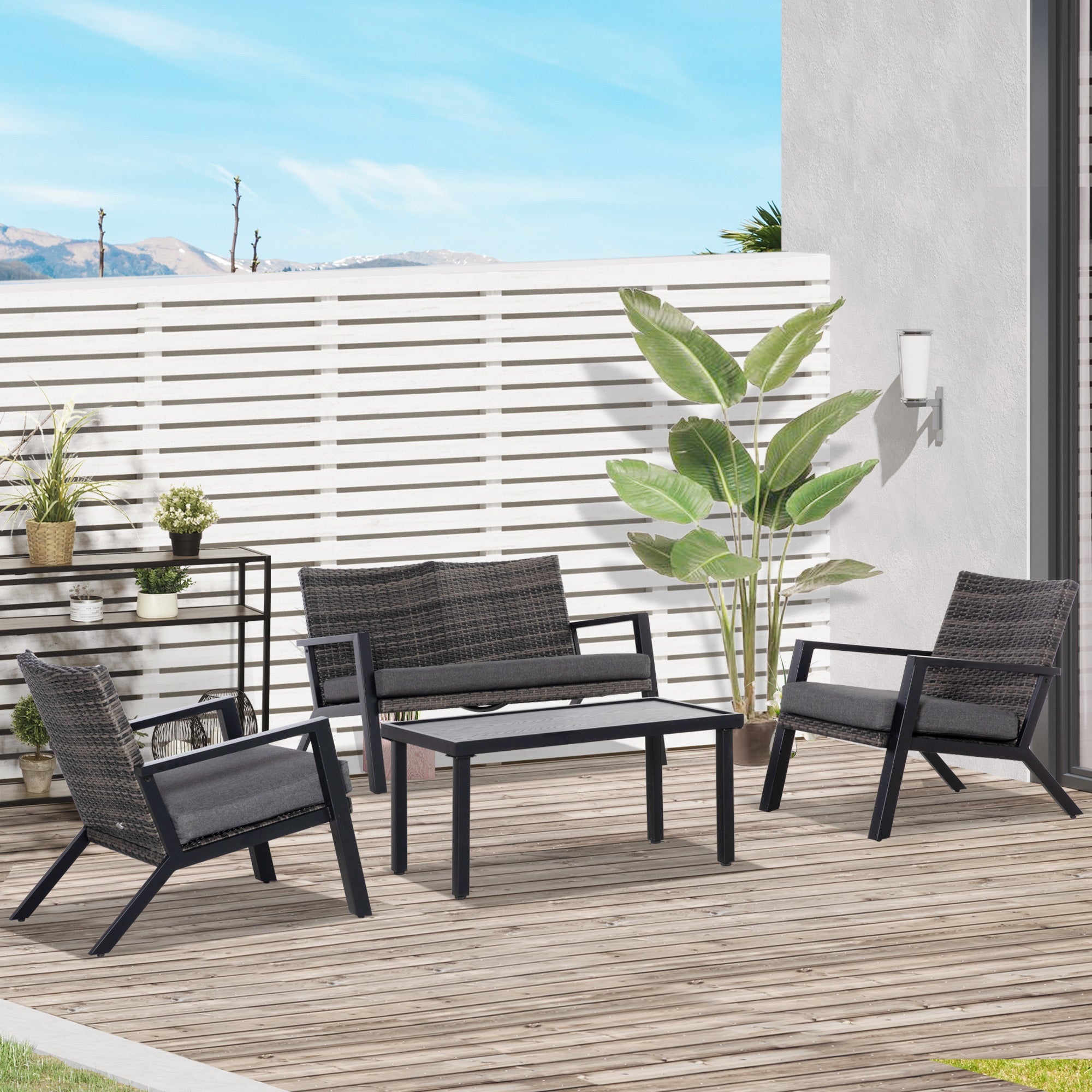 Outdoor Patio Set PE Wicker Black 4 Piece Loveseat Chairs