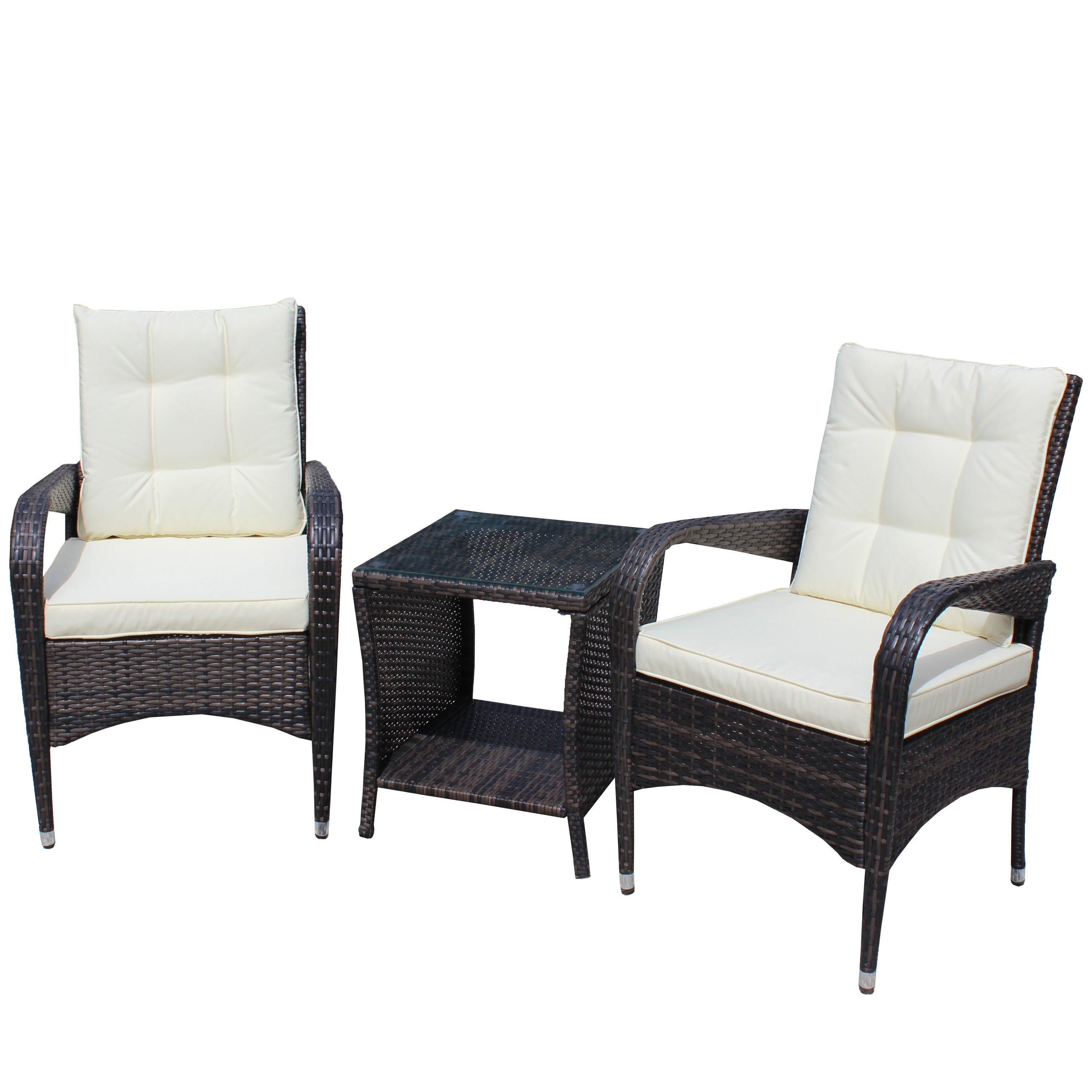 Outdoor Conversation Set PE Rattan Steel Brown Beige Cushion 3 Piece