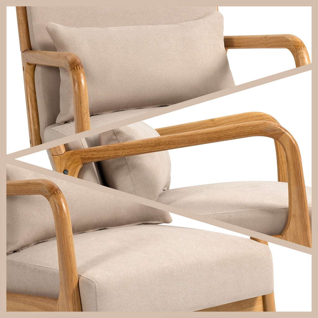 Accent Chair Mid-Century Linen Beige Solid Wood Arms and Legs 23x30x30 In
