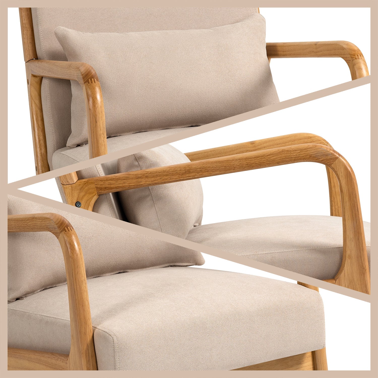 Accent Chair Mid-Century Linen Beige Solid Wood Arms and Legs 23x30x30 In