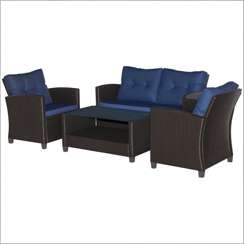 Outdoor Sectional Set PE Wicker Steel Coffee Blue Cushion 4 Piece Seats 4